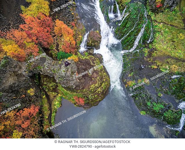 Top view -Gjaarfoss Waterfalls, Iceland. This image is shot with a drone