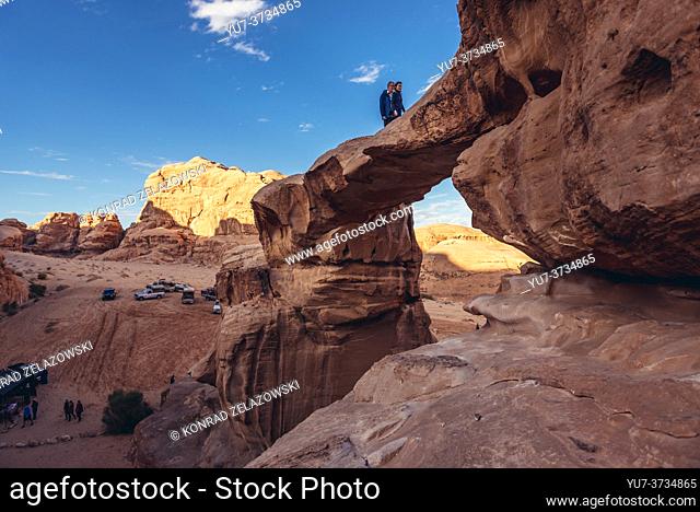 Um Fruth rock bridge in Wadi Rum valley also called Valley of the Moon in Jordan