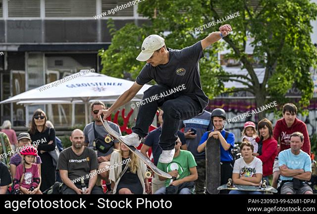 03 September 2023, Saxony, Dresden: A participant performs during a competition run at the 26th East German Skateboarding Championships