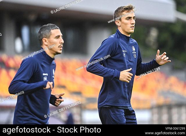 Gent's Gianni Bruno and Gent's Julien De Sart pictured in action during a training session ahead of the game between Belgian soccer team KAA Gent and Latvian...
