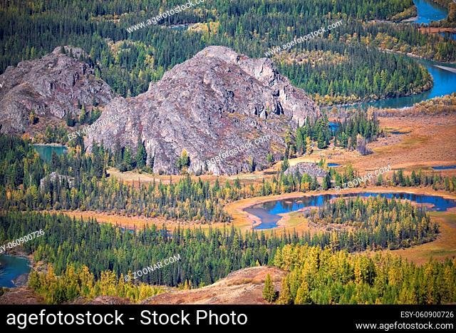 Autumn highland landscape. Altai river Chuya surrounded by mountains. Larch trees in yellow autumn color. Altai, Siberia, Russia