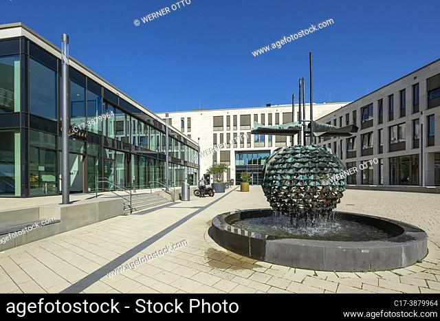 Ratingen, Germany, Ratingen, Bergisches Land, Rhineland, North Rhine-Westphalia, NRW, city hall with forecourt and fountain sculpture by Friedel Lepper