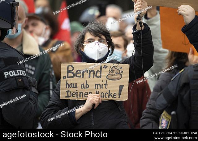 04 March 2021, Hessen, Offenbach am Main: Numerous people protest against an appearance by the AfD politician and right-wing extremist Höcke at the venue in...