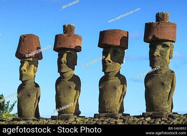 Ahu Nao-Nao Moais with red hat, Anakena, Rapa Nui National Park, Easter Island, Chile, Unesco World Heritage Site, South America