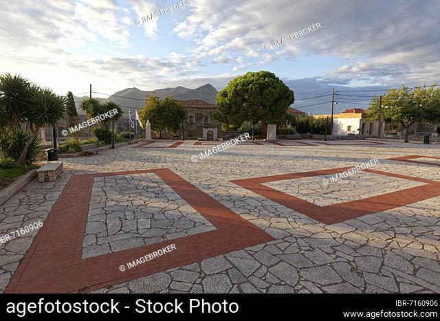 Village square of Itylo, Itilo, stone slabs with ground plans of former houses, Mani Peninsula, Laconia, Peloponnese, Greece, Europe