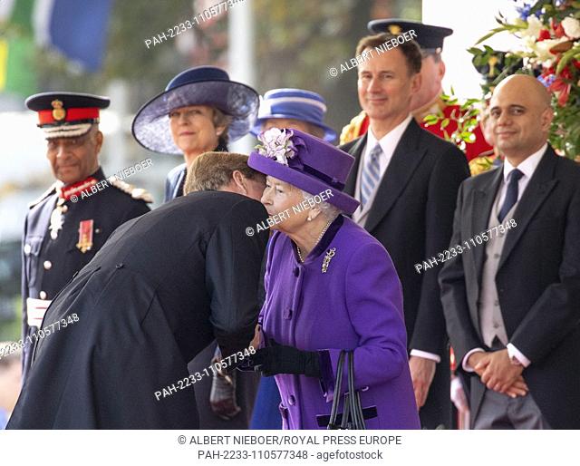 Queen Elizabeth and Prince Charles, King Willem-Alexander and Queen Maxima of The Netherlands and Camilla, Duchess of Cornwall at the Horse Guards Parade in...