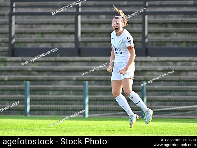 Hannah Eurlings (9) of OHL pictured celebrating after scoring a goal during a female soccer game between Club Brugge Dames YLA and Oud Heverlee Leuven on the...