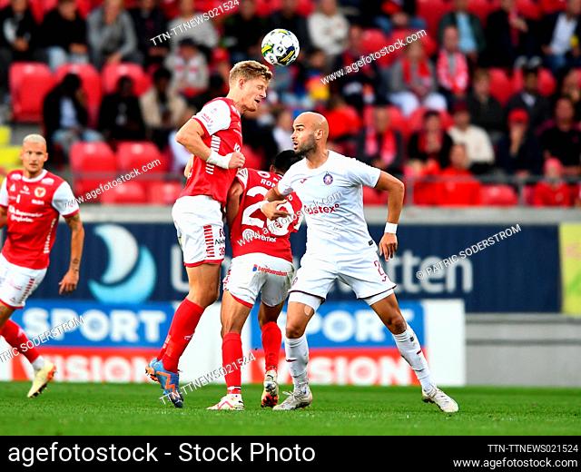 Kalmar's Lars Saetra (L) and Pyunik's Luka Juricic in action during the UEFA Europa Conference League, second qualifying round first leg