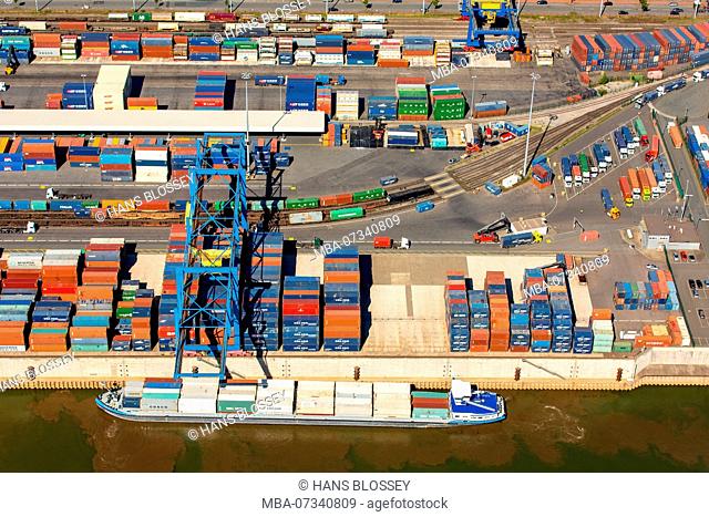 Aerial view, container terminal, container port, Logport I, Duisburg port company, Rhine, Duisburg, Ruhr area, North Rhine-Westphalia, Germany