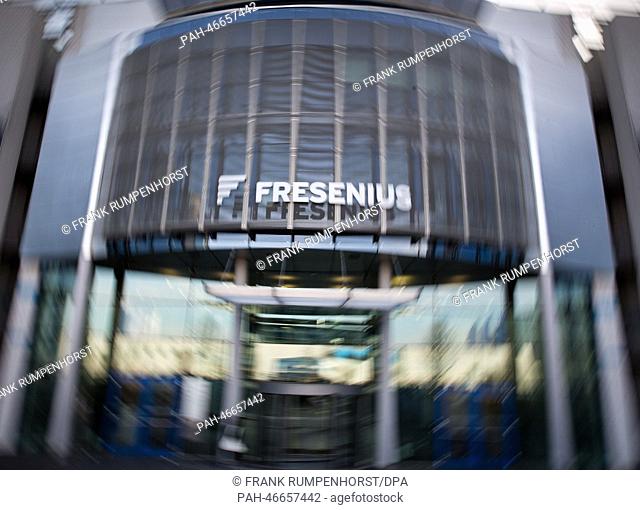 The company logo is displayed above the enhtrance to the headquarters of medical company Fresenius before the start of the company's annual results press...