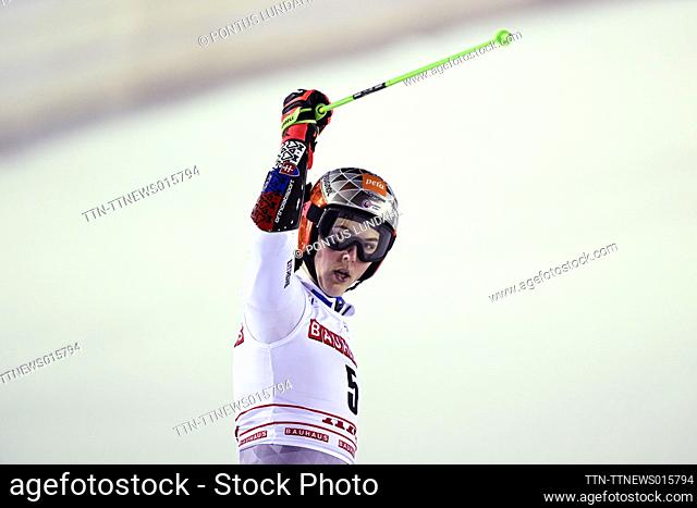 Petra Vlhova of Slovakia reacts after winning the women's giant slalom event of the FIS Alpine Ski World Cup in Are, Sweden, on March 11, 2022