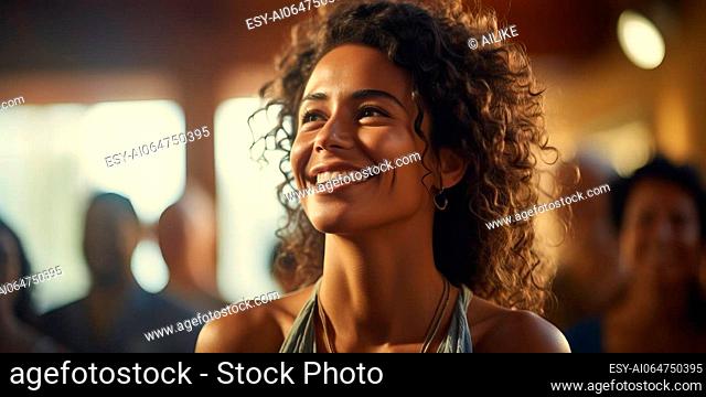 Portrait of smiling african american woman with curly hair at party