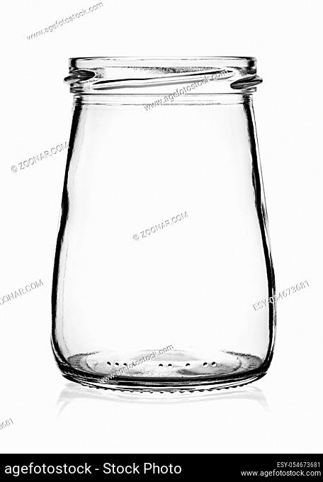 Empty glass jar without cap isolated on white background