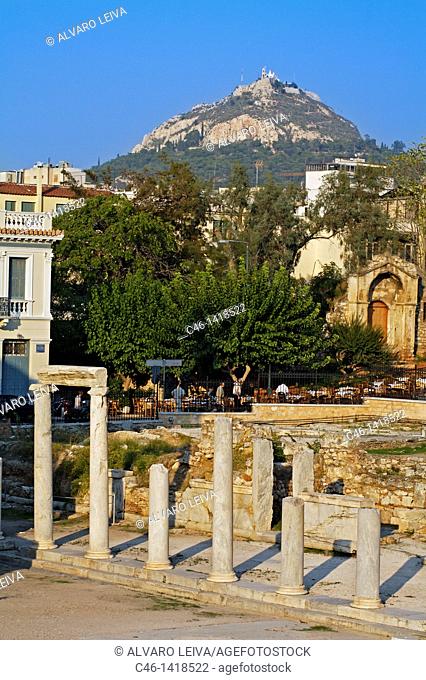 Roman agora and Lykavittos Hill in background, Athens  Greece
