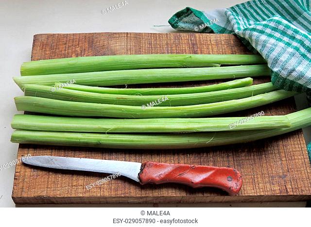 rhubarb stalks with leaves, freshly picked from the garden on a wooden table, closeup with selected focus, narrow depth of field