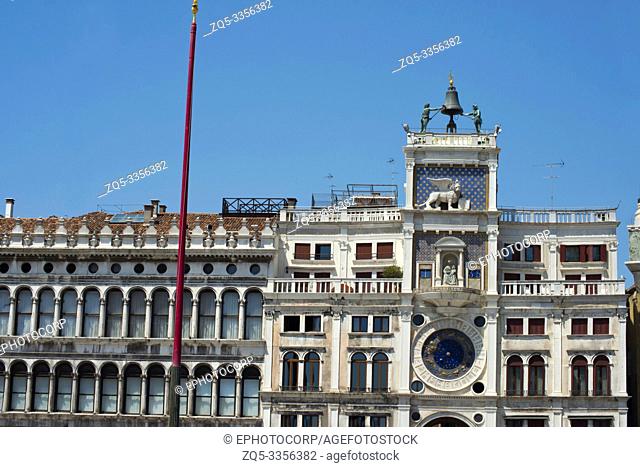 General view of the building, Basilica di San Marco and stands in the Piazza di San Marco, Venice, Italy