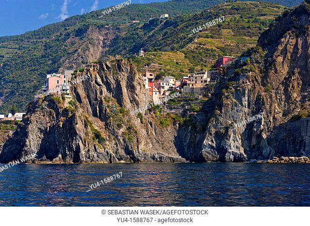 Village of Riomaggiore view from Sea, Cinque Terre, Province of La Spezia, Liguria, Italy, Europe