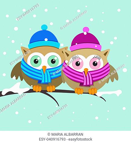 Couple of owls with scarf on a winter day. Vector illustration