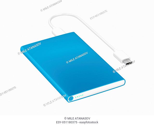 Blue power bank with usb-c cable isolated on white background