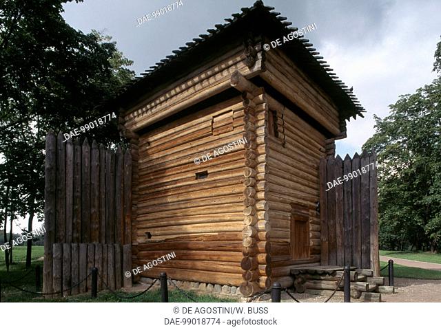 Tower of the Bratsky jail, museum of wooden architecture in Kolomenskoye, near Moscow, Russia