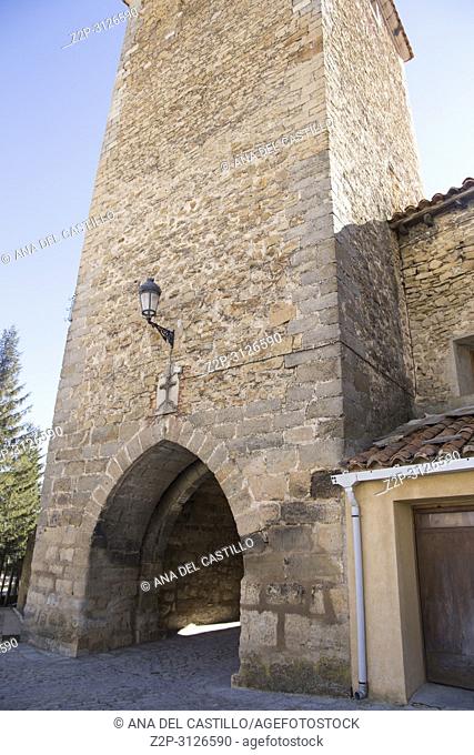 Mosqueruela is a medieval village in Gudar mountains Teruel Aragon Spain Tower in ancient walls