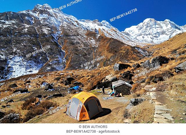 Nepal, Annapurna Conservation Area, Tents near by Machhapuchhre Base Camp