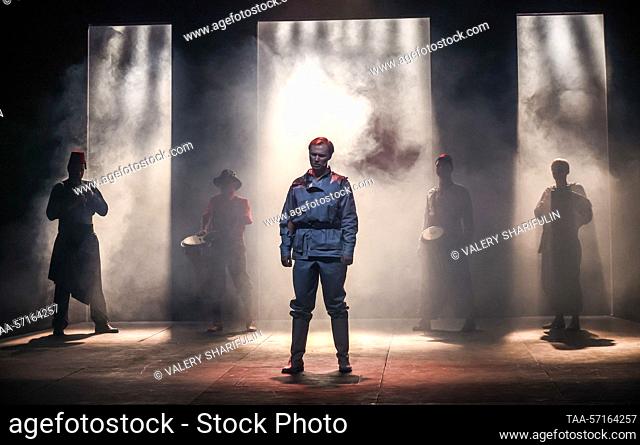 RUSSIA, MOSCOW - FEBRUARY 3, 2023: Actors perform during a press preview of the Flight production staged by Alexander Lazarev Jr and based on Mikhail Bulgakov's...