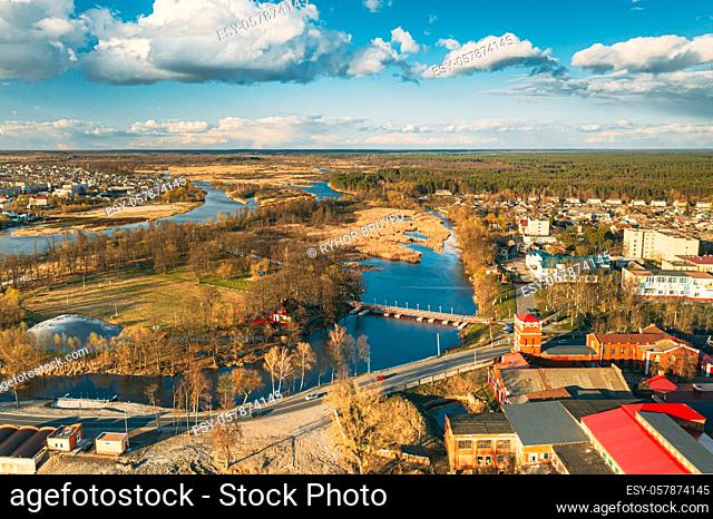 Dobrush, Gomel Region, Belarus. Aerial View Of Old Paper Factory. Historical Heritage In Bird's-eye View