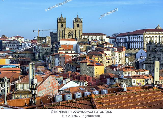 Aerial view with Se Cathedral and Bishop's Palace in Porto city on Iberian Peninsula, second largest city in Portugal