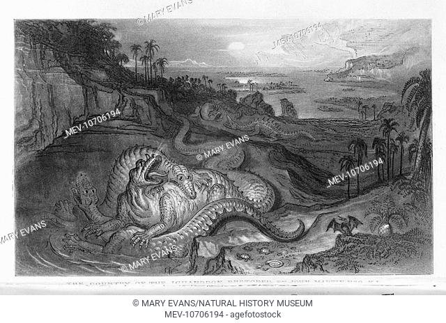 Frontispiece by John Martin from The Wonders of Geology, Volume 1, 1857 by Gideon Mantell (1790-1852). Gideon Mantell was a palaeontologist who discovered...
