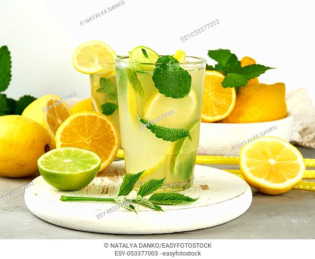 summer refreshing drink lemonade with lemons, mint leaves, lime in a glass, next to the ingredients for making a cocktail