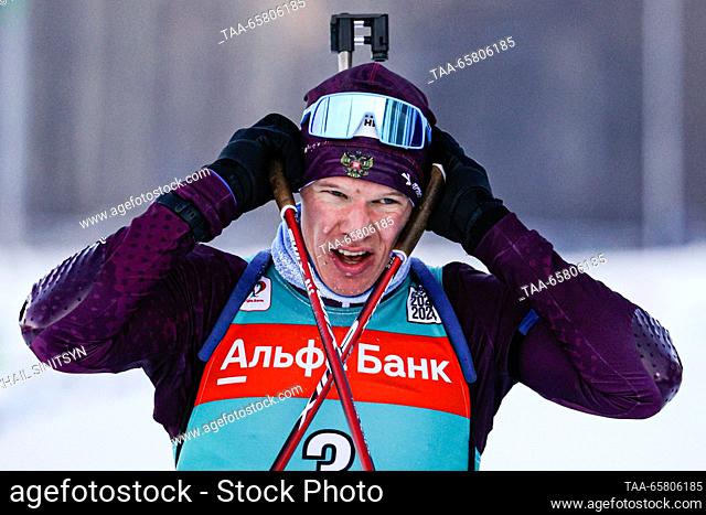 RUSSIA, UFA - DECEMBER 16, 2023: Russia's Eduard Latypov competes in the men's 12.5km pursuit in Stage 2 of the 2023/2024 Commonwealth Biathlon Cup at Biatlon...