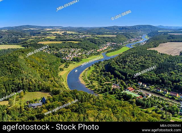 Germany, Saxony, Saxon Switzerland, Bad Schandau, district Porschdorf, Lilienstein, View of the Elbe Valley, Prossen, Bad Schandau and outskirts of Königstein