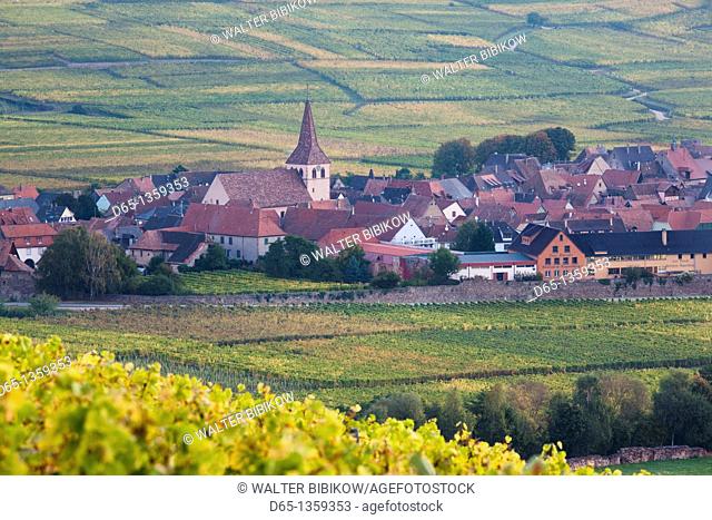 France, Haut-Rhin, Alsace Region, Alasatian Wine Route, Kaysersberg, town view, dawn, autumn