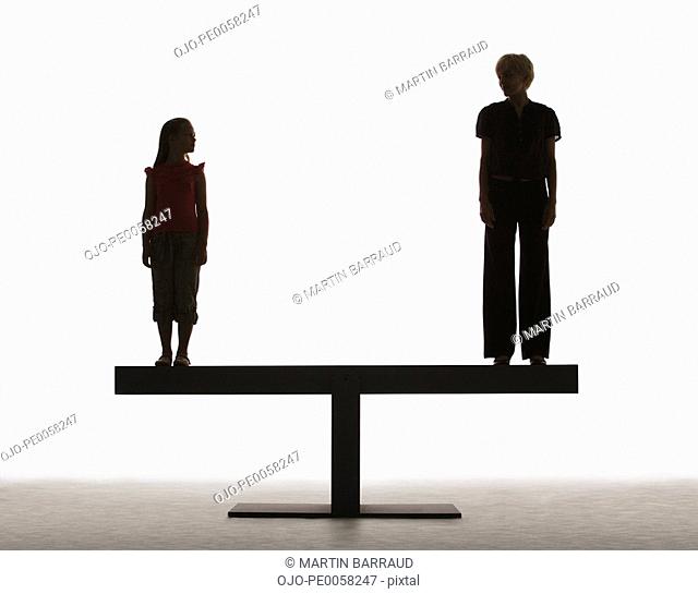 Girl and woman standing on a plank