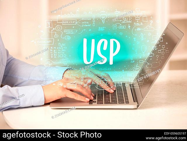hand working on new modern computer with USP abbreviation, modern technology concept