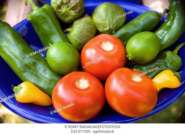 Plate of fresh vegetables: tomatoes, tomatillos, limes, peppers. Cocina mexicana
