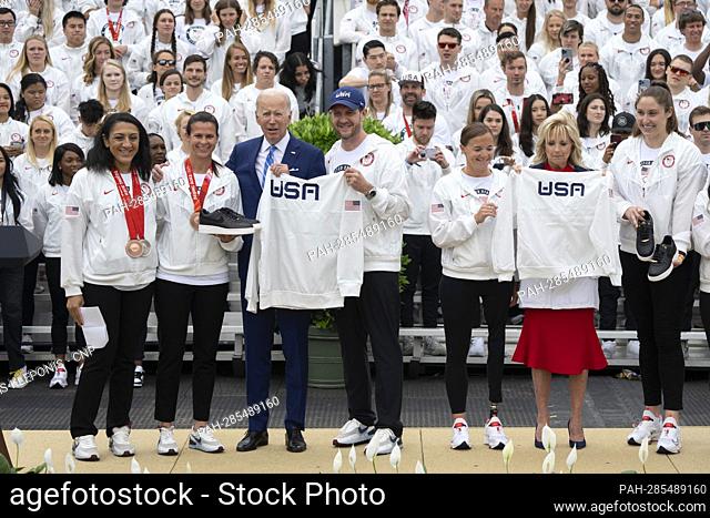United States President Joe Biden and first lady Dr. Jill Biden receive gifts from members of Team USA during a ceremony celebrating their participation in the...