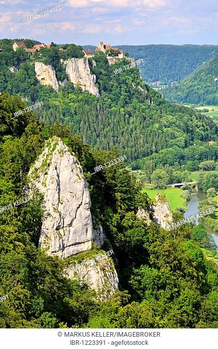 View of the upper Donautal Valley, to the Werenwag Castle, county of Sigmaringen, Baden-Wuerttemberg, Germany, Europe