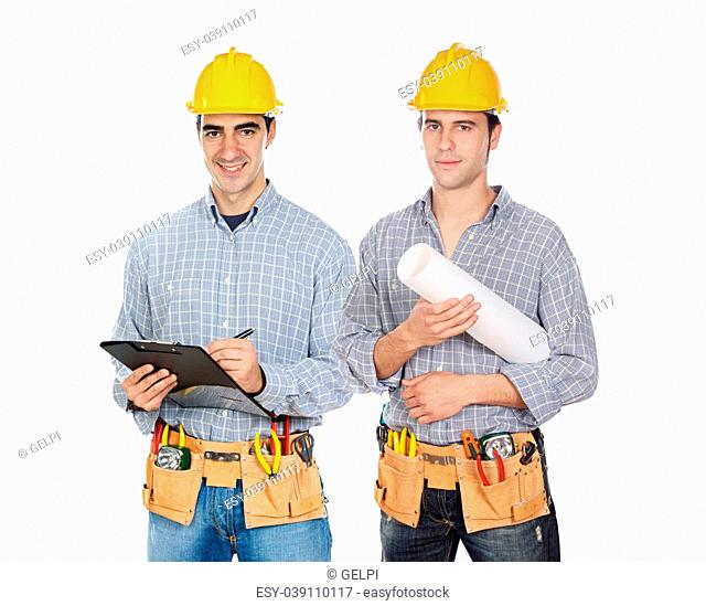 Two construction workers on a over white background
