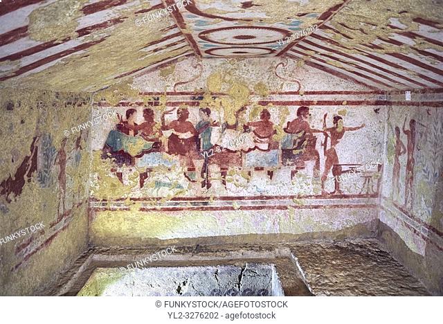 Underground Etruscan tomb Known as "Tomba Claudio Bettini no 5513" A single chamber with double sloping ceiling. In the tympanium on the back wall is a painted...