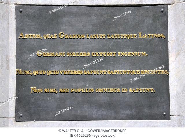 Inscription on the back of the memorial to Johannes Gutenberg by Bertel Thorvaldsen, Gutenbergplatz square, Mainz, Rhineland-Palatinate, Germany, Europe