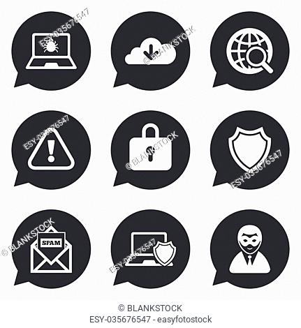 Internet privacy icons. Cyber crime signs. Virus, spam e-mail and anonymous user symbols. Flat icons in speech bubble pointers