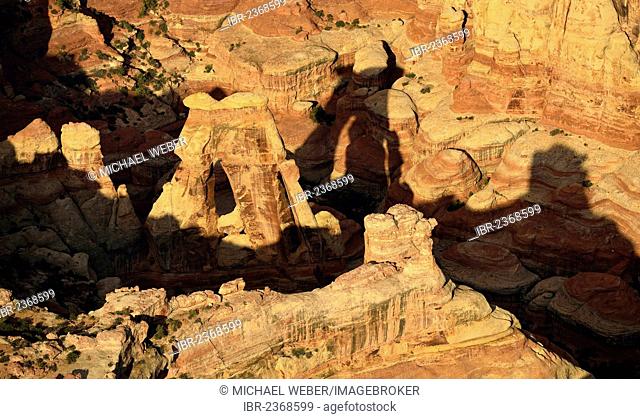 Aerial view, Druid Arch with shadows, Elephant Canyon, The Needles District, Canyonlands National Park, Utah, United States of America, USA