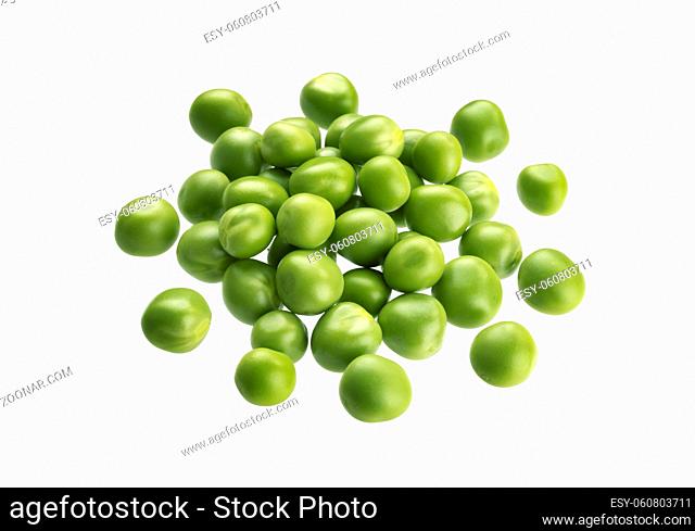 Pile of green peas isolated on white background with clipping path