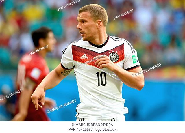 Lukas Podolski of Germany is seen during the FIFA World Cup 2014 group G preliminary round match between Germany and Portugal at the Arena Fonte Nova Stadium in...