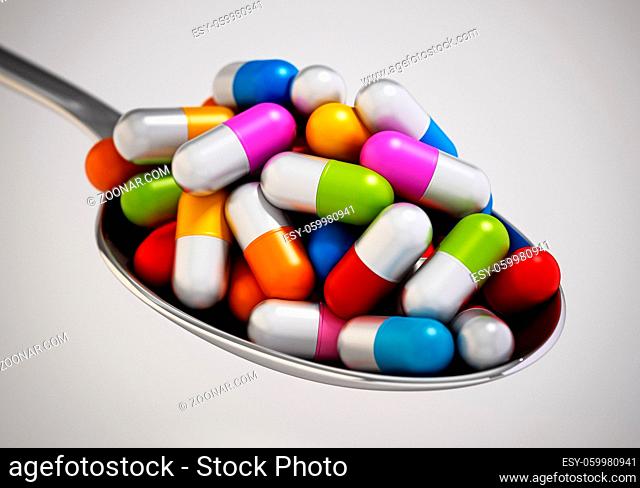 Multi colored vitamin pills inside a metal spoon. 3D illustration