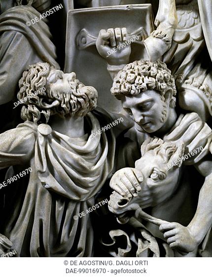 Fight scene, detail of a marble sarcophagus with a relief depicting a battle between the Romans and Ostrogoths (260 AD) belonging to the Ludovisi collection