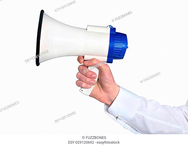 Isolated hand holding a loudspeaker