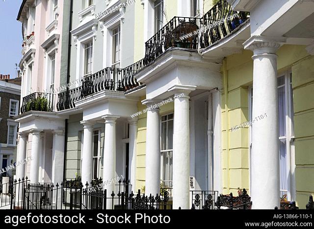 Terraced houses in Chalcot Crescent, Primrose Hill, feature decorative balconies and porticoes, London, NW1, England, UK